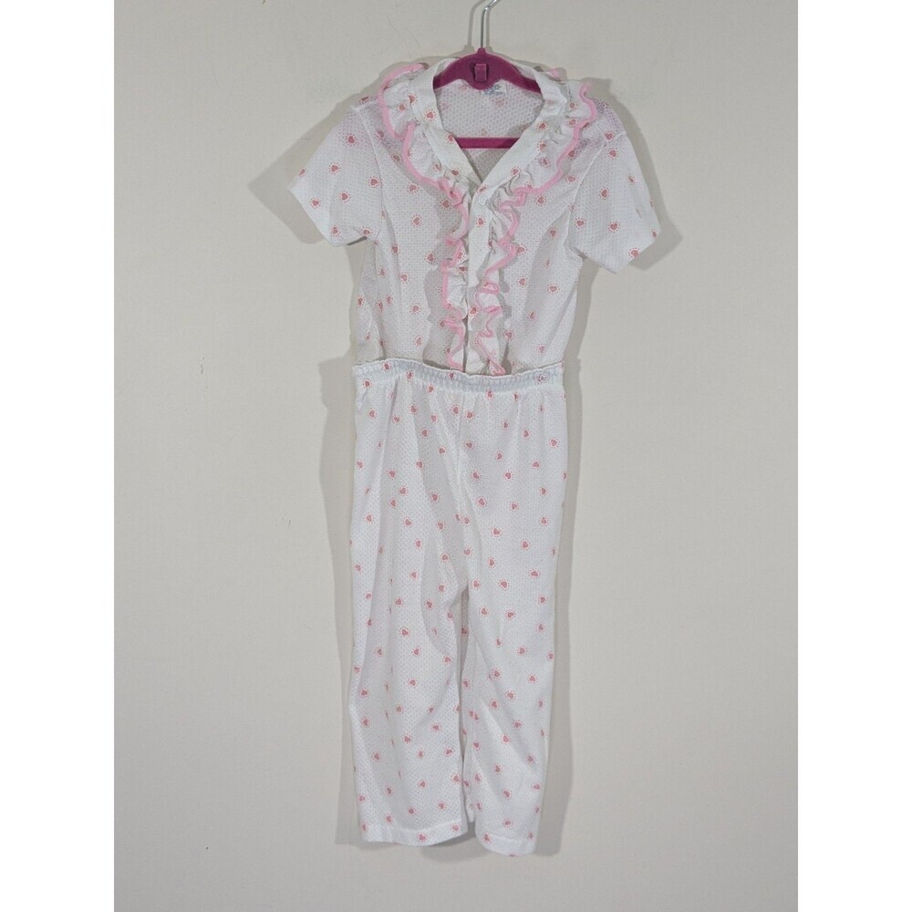 Vintage Carters Girls 4T Snap Waist Pajamas 2 Piece Pink Hearts Ruffles USA